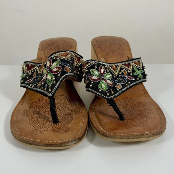REBELS Beaded Open Toe Flip Flop Bamboo Wedge Block Sandals Size 7 Boho Slip On - Picture 1 of 10